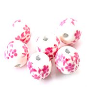 Keramik perle med blomster. 12 mm. Fuchsia